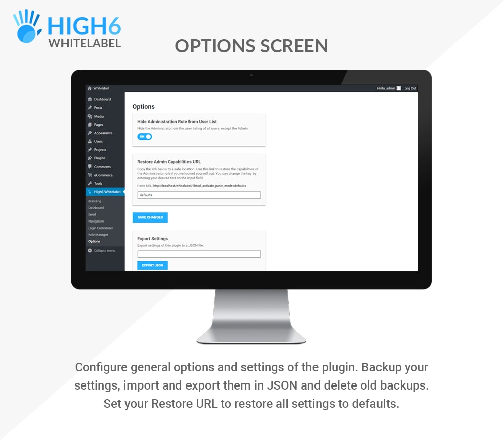 High6 Whitelabel Options Screen